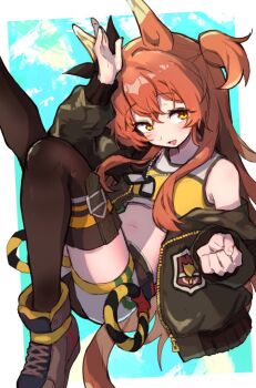 1girl :d animal_ears aqua_background arm_up black_bow black_thighhighs boots bow brown_boots clenched_hand commentary crop_top dog_ears ear_bow green_jacket hair_between_eyes head_tilt horse_ears horse_girl jacket jamir leg_up long_hair long_sleeves looking_at_viewer mayano_top_gun_(scramble_zone)_(umamusume) mayano_top_gun_(umamusume) navel open_clothes open_jacket open_mouth orange_eyes orange_hair patch puffy_long_sleeves puffy_sleeves shirt shorts smile solo stomach thighhighs umamusume white_shorts yellow_shirt zipper