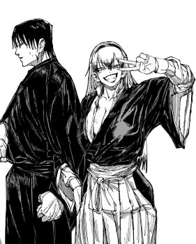 1boy 1girl bad_tag blonde_hair colored_tips fushiguro_touji genderswap genderswap_(mtf) gurokuma_04 highres japanese_clothes jujutsu_kaisen kimono locked_arms monochrome multicolored_hair smile two-tone_hair zen&#039;in_naoya