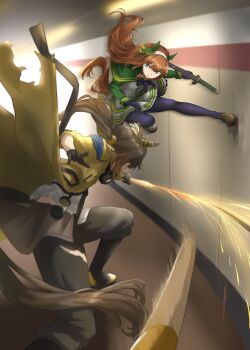 Rule 34 | 2girls, absurdres, animal ears, black hair, climbing wall, ear ornament, fighting, fighting stance, goggles, goggles around neck, hairband, highres, holding, holding sword, holding weapon, horse ears, horse girl, horse tail, indoors, katana, komoro paint777, long hair, multiple girls, orange hair, pantyhose, pleated skirt, sheath, silence suzuka (innocent silence) (umamusume), silence suzuka (umamusume), skirt, stay gold (sunlit outsider) (umamusume), stay gold (umamusume), sword, tail, umamusume, unsheathing, wall run, weapon