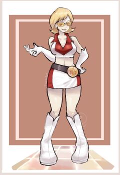 1girl bare_shoulders belt black_belt blonde_hair boots breasts cleavage collarbone collared_shirt commission crop_top elbow_gloves gloves go-rock_squad go-rock_squad_grunt_(pokemon) hand_on_own_hip highres midriff mixed-language_commentary nintendo open_mouth pixiv_commission pokemon pokemon_ranger_(series) pokemon_ranger_1 ragou2niko shirt short_hair skirt sleeveless sleeveless_shirt smile solo standing tinted_eyewear variant_set white_boots white_gloves white_shirt white_skirt yellow-tinted_eyewear