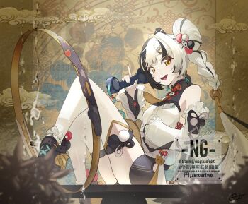 1girl bare_shoulders black_hair black_shoes blurry blurry_foreground braid braided_twintails chakram china_dress chinese_clothes cloud commentary_request corded_phone crossed_legs detached_sleeves dialyn_(zenless_zone_zero) double_bun dress earrings hair_bun hair_extensions hair_ornament hairclip highres holding holding_phone id_card jewelry knees_up long_hair looking_at_viewer multicolored_hair multicolored_nails necktie open_mouth panda_hair_ornament phone ring_hair_extensions shoes sitting solo split-color_hair thighhighs watermark weapon white_dress white_hair white_thighhighs yellow_eyes yellow_necktie zenless_zone_zero zeroartwo