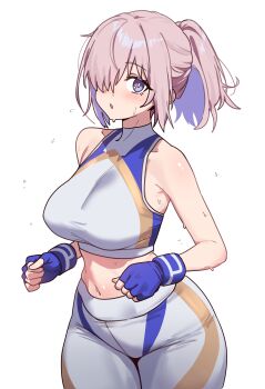1girl absurdres breasts ebora fate/grand_order fate_(series) gloves hair_over_one_eye highres large_breasts looking_at_viewer mash_kyrielight medium_hair multicolored_pants multicolored_sports_bra navel open_mouth pants purple_eyes purple_gloves purple_hair solo sports_bra sweat sweatpants white_background white_pants white_sports_bra wide_hips