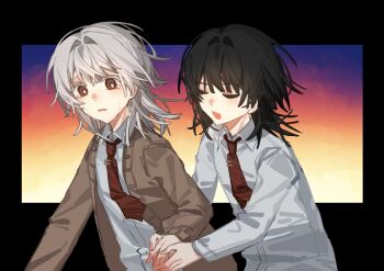 2boys black_border black_hair border brown_cardigan cardigan collared_shirt crying diagonal-striped_clothes diagonal-striped_necktie dress_shirt dual_persona holding_hands male_focus menzefish multiple_boys necktie open_mouth outside_border red_eyes red_necktie saihate_eki shirt short_hair short_necktie striped_clothes sunset tatsunami_shion tears upper_body white_hair