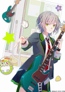 1girl black_skirt blazer closed_mouth colored_eyelashes commentary diagonal-striped_clothes diagonal-striped_necktie electric_guitar flower green_eyes grey_hair grey_jacket guitar hakusai_(tiahszld) highres hinomori_shiho holding holding_instrument instrument jacket looking_at_viewer necktie open_clothes open_jacket pleated_skirt plectrum project_sekai purple_flower red_necktie short_hair skirt smile solo striped_clothes symbol-only_commentary v white_flower