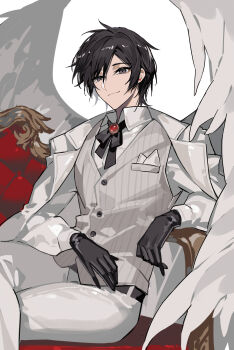 1boy absurdres black_eyes black_gloves black_hair closed_mouth collared_shirt commentary_request feathered_wings feet_out_of_frame gloves grey_vest hair_between_eyes highres jacket kaito_(rei_no_sakura_shirayuki)_(vocaloid) kaito_(vocaloid) kazenemuri long_sleeves looking_at_viewer male_focus open_clothes open_jacket pants shirt short_hair sitting smile solo striped_clothes striped_vest vertical-striped_clothes vertical-striped_vest vest vocaloid white_jacket white_pants white_shirt white_wings wings