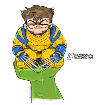 2boys artist_name avengers_(series) blue_bodysuit blue_footwear bodysuit boots brown_eyes brown_hair chibi claw_(weapon) colored_skin facial_hair green_skin highres holding hulk k4nc_wolverine looking_at_viewer marvel marvel_rivals multicolored_bodysuit multiple_boys no_mouth short_hair simple_background solo_focus squatting superhero_costume two-tone_bodysuit v-shaped_eyebrows veins weapon white_background wolverine_(x-men) x-men yellow_bodysuit