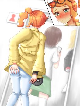 3girls apotea ass ass_grab black-framed_eyewear blue_pants blurry blurry_background blush bracelet closed_mouth coat dutch_angle ear_blush embarrassed eyewear_on_head female_focus from_behind glasses green_eyes hair_ornament hair_tie hand_on_own_ass have_to_pee heart heart_hair_ornament highres indoors jewelry knees_together_feet_apart long_hair long_sleeves multiple_girls multiple_views nintendo nose_blush orange_hair pants pokemon pokemon_swsh queue raised_eyebrows restroom_symbol side_ponytail sign solo_focus sonia_(pokemon) standing sweat textless_version watch wavy_mouth wristwatch yellow_coat