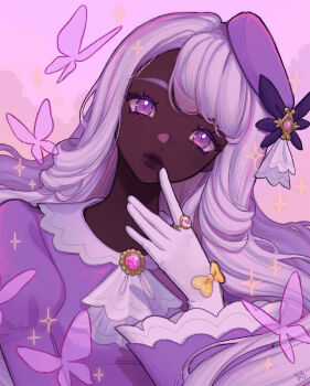 1girl ascot bow bug butterfly closed_mouth dark-skinned_female dark_skin dress fascinator frilled_ascot frills gloves highres insect jacinthe_(pokemon) jewelry juliet_sleeves long_hair long_sleeves looking_at_viewer low_drills nintendo pokemon pokemon_legends:_z-a puffy_sleeves purple_dress purple_eyes purple_hair ring shari_cote solo upper_body very_dark_skin white_gloves white_hair yellow_bow