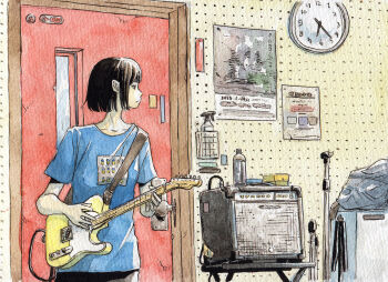 1girl acoustic_guitar amplifier bass_guitar black_hair electric_guitar guitar highres holding holding_instrument indoors instrument keyboard_(instrument) music original playing_instrument plectrum shirt short_hair short_sleeves sitting solo traditional_media yuroy_kawano