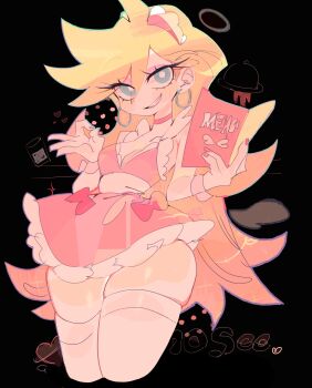 1girl alternate_costume apron black_background blonde_hair blue_eyes breasts dress earrings enmaided frilled_apron frills highres holding holding_menu hoop_earrings jewelry long_hair looking_at_viewer maid maid_apron maid_headdress menu panty_&amp;_stocking_with_garterbelt panty_(psg) simple_background smile solo standing thick_thighs thighhighs thighs unconventional_maid usa37107692 waist_apron white_apron white_headdress wrist_cuffs