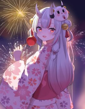 1girl absurdres aerial_fireworks bell candy_apple commentary demon_horns fireworks food from_behind hair_bell hair_ornament highres holding holding_candy_apple holding_food hololive horns japanese_clothes kimono light_blush looking_at_viewer looking_back megurimegu multicolored_hair nakiri_ayame night obi open_mouth outdoors pink_kimono red_eyes red_streaks sash shirt sidelocks sky smile solo streaked_hair untranslatable_commentary virtual_youtuber white_shirt