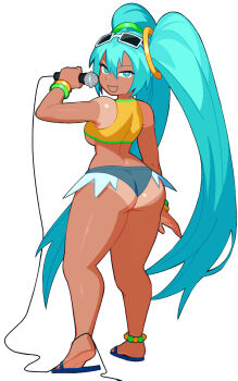 1girl anklet aqua_eyes aqua_hair ass back bare_shoulders bracelet brazilian_miku breasts bright_pupils crop_top dark-skinned_female dark_skin denim denim_shorts exposed_pocket eyewear_on_head flip-flops from_behind green_trim hair_ornament hatsune_miku highres holding holding_microphone jewelry light-skinned_palms light-skinned_soles long_hair looking_back medium_breasts microphone sandals shirt short_shorts shorts simple_background sleeveless soles solo sunglasses tan tanline thick_thighs thighs twintails underboob underbutt very_long_hair vocaloid werfmight white_background white_pupils yellow_shirt