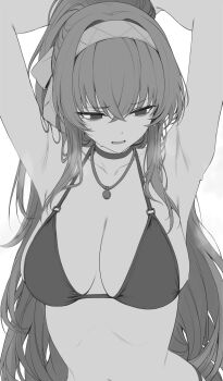 1girl armpits arms_up averting_eyes bikini blue_archive breasts collarbone greyscale hairband highres jewelry large_breasts long_hair monochrome navel necklace re0n simple_background solo sweatdrop swimsuit ui_(blue_archive) upper_body white_background