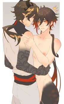 2boys azhdaha_(genshin_impact) blush dragon_horns genshin_impact hand_on_another's_shoulder hand_on_another's_waist holding_person horns looking_at_viewer multiple_boys notice_lines pointy_ears ppttlyr yaoi zhongli_(genshin_impact)