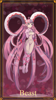 Rule 34 | 1girl, absurdly long hair, ahoge, braid, breasts, card (medium), card parody, cleavage, commentary, cosplay, crop top, curled horns, earrings, elbow gloves, english commentary, fate/grand order, fate (series), full body, gloves, heart, heart ahoge, highres, horns, ironmouse, jewelry, large horns, long hair, mr. mo.oth, multicolored hair, narrow waist, navel, pink eyes, pink gloves, pink hair, pointy ears, purple hair, signature, solo, symbol-shaped pupils, tiamat (fate), tiamat (fate) (cosplay), twitter username, two-tone hair, very long hair, virtual youtuber, vshojo, x-shaped pupils