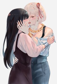 2girls absurdres black_dress black_hair black_tank_top blonde_hair blue_nails blush bracelet breasts chai_haru cleavage closed_eyes commentary_request dress earrings french_kiss hair_ribbon hand_on_another&#039;s_cheek hand_on_another&#039;s_face hand_on_another&#039;s_waist highres inoue_takina jewelry kiss long_hair lycoris_recoil multiple_girls nail_polish necklace nishikigi_chisato one_side_up pinafore_dress red_eyes red_ribbon ribbon shirt short_hair sidelocks simple_background sleeveless sleeveless_dress tank_top white_background white_shirt yuri