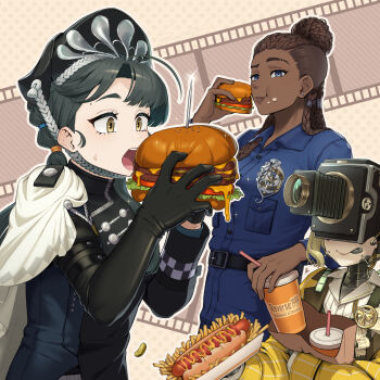 3girls :t asymmetrical_gloves bag beret black_dress black_gloves black_hair black_hat blue_eyes blue_shirt brown_background brown_hair burger cape chin_strap cornrows cup disposable_cup dress drinking_straw eating film_strip food food_on_face gloves grey_tongue hair_bun hand_up hands_up hat highres holding holding_cup holding_food hot_dog liang_yue_(reverse:1999) loggerhead_(reverse:1999) long_braid low_twintails movie_camera multiple_girls object_head open_mouth paper_bag poitier_(reverse:1999) police police_badge police_uniform policewoman reverse:1999 sawasa shirt side_cape sweat tongue tongue_out twintails uneven_gloves upper_body white_cape white_shirt yellow_eyes