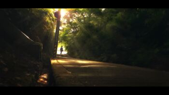 1girl absurdres black_border border bush commentary dappled_sunlight day english_commentary forest full_body gerar_dc grass highres leaf lens_flare letterboxed long_sleeves nature original outdoors pantyhose path plant pleated_skirt pole road road_sign scenery school_uniform serafuku short_hair sign skirt solo sunlight tree