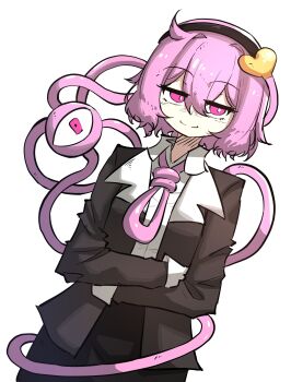 Rule 34 | 1girl, ahoge, alternate costume, black hairband, black pants, brown jacket, closed mouth, commentary, crossed arms, foul detective satori, hairband, half-closed eyes, heart, highres, jacket, komeiji satori, long sleeves, looking at viewer, pants, pink eyes, pink hair, shirt, smile, smug suriipi, solo, third eye, touhou, white shirt