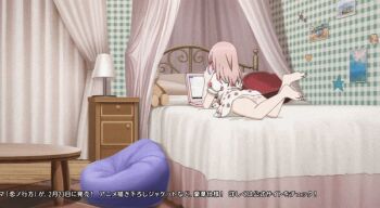 1girl animated animated_gif barefoot bed cellphone computer dress feet indoors inui_sajuna laptop legs on_bed panties phone pink_dress pink_hair solo sono_bisque_doll_wa_koi_wo_suru underwear