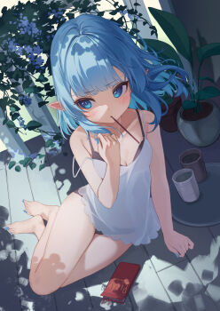 1girl absurdres bare_arms bare_legs bare_shoulders barefoot black_bra black_panties blue_eyes blue_hair blue_nails blush bra breasts cleavage collarbone commentary commentary_request cup elf english_commentary fingernails food_in_mouth full_body glassowk hand_up highres legs long_hair looking_to_the_side medium_breasts mixed-language_commentary nightgown original panties plant pointy_ears potted_plant see-through_clothes see-through_nightgown sitting sleeveless solo thighs toenails underwear white_nightgown