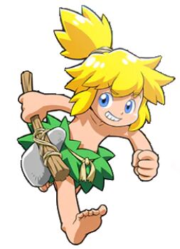 bare_legs barefoot blonde_hair blue_eyes child feet hair_tie hammer jungle_boy leaf leaf_skirt lega male_focus official_art running sega shota smile soles toes tom-tom wonder_boy wonder_boy_returns