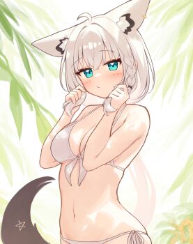 1girl absurdres ahoge animal_ear_fluff animal_ear_piercing animal_ears aqua_eyes bikini blush braid breasts cleavage crossed_bangs deaver fox_ears fox_girl fox_tail front-tie_bikini_top front-tie_top hair_between_eyes halterneck hands_up highres holding holding_own_hair hololive long_hair looking_at_viewer low_ponytail medium_breasts pentagram ponytail shirakami_fubuki side-tie_bikini_bottom side_braid single_braid solo string_bikini swimsuit tail upper_body very_long_hair virtual_youtuber white_background white_bikini white_hair