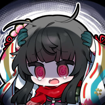 Rule 34 | 1girl, @ @, artist request, black hair, chibi, chibi only, disheveled, girls' frontline, girls' frontline 2: exilium, hair ornament, hands on own head, lowres, official art, open mouth, partially shaded face, red eyes, red scarf, sakura (girls' frontline 2), scarf, second-party source, solo, tears, type 100 (girls' frontline)