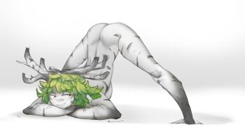 1girl antlers ass birch_tree border breasts commentary completely_nude full_body green_hair horns jack-o'_challenge looking_at_viewer medium_breasts monster_girl no_feet nude original parted_lips plant_girl plant_hair russian_commentary sanyadraws simple_background smile solo thighs top-down_bottom-up tree