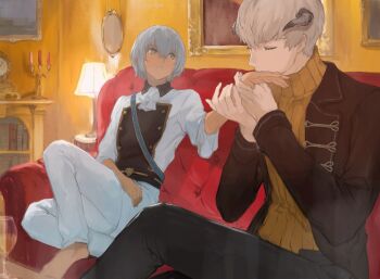 Rule 34 | 2boys, blue eyes, brown jacket, closed eyes, highres, jacket, kiss, kissing hand, male focus, metaphor: refantazio, multiple boys, protagonist (metaphor: refantazio), samerkgk, shirt, short hair, size difference, strohl (metaphor: refantazio), white hair, white shirt, yaoi, yellow background, yellow shirt