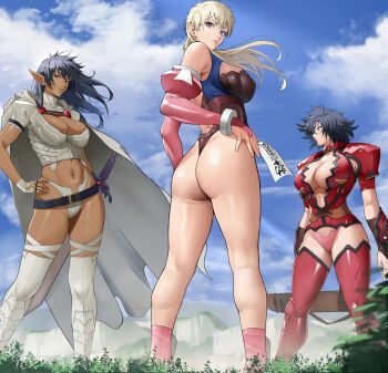 3girls absurdres armor arshes_nei ass bare_hips bare_shoulders bastard!! belt bikini bikini_armor black_belt black_hair blue_sky blush boots breasts bridal_gauntlets cape cleavage commentary curvy dark-skinned_female dark_elf dark_skin day earrings elf fingerless_gloves fingernails from_behind gloves green_eyes hair_between_eyes hand_on_own_hip hand_wraps highleg highleg_leotard highres holding jewelry kai_harn large_breasts leotard lips long_hair looking_back multiple_girls muscular muscular_female navel ofuda outdoors panties parted_lips pointy_ears red_armor sean_ari sheath sheathed shiny_skin short_hair short_sleeves shoulder_armor sky swimsuit sword t-back thick_thighs thighhighs thighs thong toned underwear weapon white_bikini white_cape white_gloves white_thighhighs yoshio_(55level)