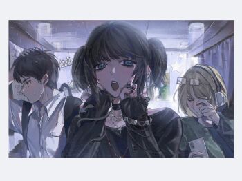 Rule 34 | 1girl, 2boys, alternate universe, armin arlert, backpack, bag, black bag, black choker, black hair, black shirt, blonde hair, border, brown hair, choker, closed eyes, collared shirt, cross, cross necklace, eren yeager, eyewear on head, furrowed brow, glasses, green skirt, grey eyes, hand on own head, hashtag-only commentary, headphones, highres, holding, holding phone, jewelry, laicuihu666, mikasa ackerman, multiple boys, multiple rings, necklace, official alternate costume, open mouth, phone, ring, rubbing eyes, school, shingeki no kyojin, shirt, short hair, short twintails, sidelocks, skirt, skull bracelet, sweatdrop, twintails, upper body, white border, white shirt