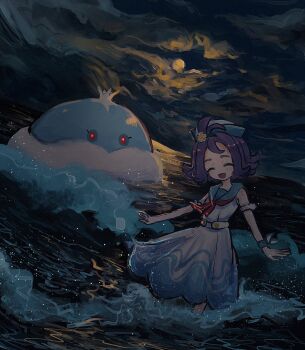 Rule 34 | 1girl, acerola (pokemon), acerola (summer 2024) (pokemon), blue sailor collar, closed eyes, dress, gen 5 pokemon, hat, highres, horimhkw11, jellicent, jellicent (male), neckerchief, nintendo, ocean, official alternate costume, open mouth, pokemon, pokemon (creature), pokemon masters ex, purple hair, red neckerchief, sailor collar, sailor hat, short hair, sleeveless, sleeveless dress, wading, white dress