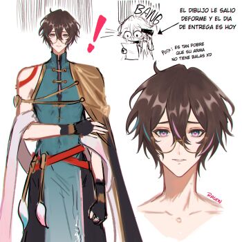 ! 1boy alternate_costume black_gloves black_pants brown_hair chinese_clothes chromatic_aberration collarbone commentary_request fingerless_gloves firing genderswap genderswap_(ftm) gloves gun hair_between_eyes highres holding holding_gun holding_paper holding_weapon jhenny345 looking_at_viewer male_focus multicolored_hair multiple_views pants paper parted_lips pink_eyes semi-rimless_eyewear single_bare_shoulder spanish_commentary spanish_text streaked_hair toy_gun translation_request under-rim_eyewear weapon wuthering_waves yellow-framed_eyewear zhezhi_(wuthering_waves)