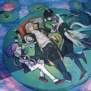 1girl 2boys arm_ribbon armor belt black_boots black_coat black_dress black_gloves black_pants black_shoes blue_hair boots breasts caelus_(honkai:_star_rail) chinese_clothes closed_eyes closed_mouth clothing_cutout coat commentary crossed_legs dan_heng_(honkai:_star_rail) dan_heng_(permansor_terrae)_(honkai:_star_rail) dragon_boy dragon_horns dragon_tail dress earclip evernight_(honkai:_star_rail) eyeliner fingerless_gloves flower frills gloves gold_trim gradient_hair grey_belt grey_hair hair_between_eyes hair_ornament hand_up highres honkai:_star_rail honkai_(series) hood hooded_coat horns hugging_object lake lily_(flower) lily_pad long_hair long_sleeves low_ponytail low_twintails lying makeup march_7th_(honkai:_star_rail) medium_breasts multicolored_hair multiple_boys official_alternate_costume official_alternate_hairstyle on_back on_side open_clothes open_coat open_mouth outdoors pants pillow pillow_hug pink_flower pink_hair pointy_ears ponytail red_eyeliner ribbon shadow shirt shoes short_hair shoulder_armor shoulder_cutout single_bare_shoulder sleeping socks symbol-only_commentary t-shirt tail tokofu_u trailblazer_(honkai:_star_rail) twintails two-sided_coat two-sided_fabric two-tone_dress watermark wavy_hair white_coat white_dress white_shirt white_socks yellow_coat