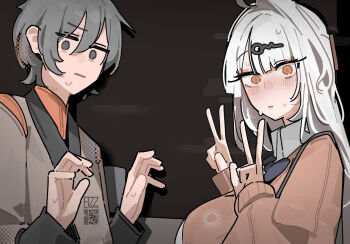 1boy 1girl azz0422 blush breasts commentary grey_eyes hair_between_eyes hair_ornament hairclip hands_up large_breasts long_hair looking_at_viewer nervous nervous_sweating short_hair single_hair_intake sweat sweatdrop untranslatable_commentary v wise_(soaring_crane)_(zenless_zone_zero) wise_(zenless_zone_zero) yellow_eyes yixuan_(zenless_zone_zero) zenless_zone_zero