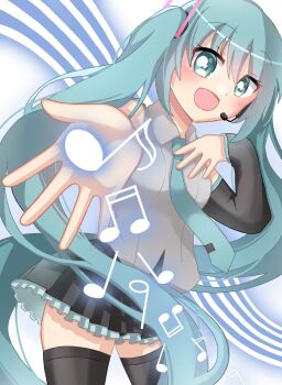 1girl :d aqua_eyes aqua_hair black_skirt black_sleeves black_thighhighs blush collared_shirt commentary_request detached_sleeves glowing grey_shirt hatsune_miku headset highres long_hair long_sleeves mimikkyu_(mimikyunosub) musical_note open_mouth outstretched_arm pleated_skirt shirt skirt smile solo thighhighs tongue twintails very_long_hair vocaloid white_background