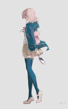 Rule 34 | 1girl, breasts, brown hair, danganronpa (series), danganronpa 2: goodbye despair, flipped hair, from side, green thighhighs, hair ornament, highres, hood, jacket, long sleeves, medium hair, nanami chiaki, neck ribbon, open clothes, open jacket, pink ribbon, pink shoes, pleated skirt, ribbon, sake semi, shirt, shoes, skirt, solo, standing, thighhighs, white shirt