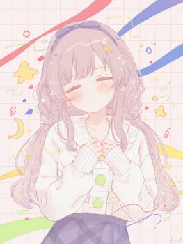 1girl =_= blue_hairband blue_skirt blush bow_hairband cardigan collarbone confetti crescent dotted_line facing_viewer gameso grey_hair grid_background hairband head_tilt highres idolmaster idolmaster_shiny_colors long_hair long_sleeves skirt smile solo star_(symbol) streamers twintails very_long_hair white_cardigan yukoku_kiriko