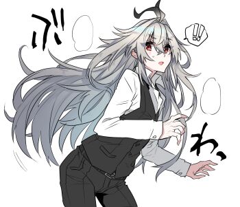 ! !! alternate_hair_length alternate_hairstyle antenna_hair black_pants black_vest commentary_request cowboy_shot dress_shirt fate/apocrypha fate_(series) grey_hair hair_between_eyes haoro highres leaning_forward long_hair male_focus messy_hair pants red_eyes shirt short_hair sieg_(fate) simple_background very_long_hair vest white_background white_shirt