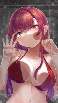 1girl absurdres against_glass bikini blush breast_press breasts breasts_on_glass face_against_glass goto_kira heterochromia highres hololive houshou_marine large_breasts long_hair navel red_bikini red_eyes red_hair solo swimsuit upper_body virtual_youtuber yellow_eyes