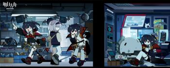 Rule 34 | 2girls, ;d, arknights, arm up, black coat, black hair, black hairband, black vest, blush stickers, ceiling light, chibi, closure (arknights), coat, commentary request, copyright name, crate, dress, drone, fang, floppy ears, grey hair, hairband, holding, huasha, index finger raised, indoors, jitome, lancet-2 (arknights), leaning forward, multiple girls, multiple views, official art, one eye closed, open clothes, open coat, open mouth, pointy ears, reserve operator medic (arknights), rma70-24 (arknights), robot, shelf, short hair, sitting, smile, two side up, vest, white dress