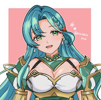 1girl :d aqua_hair bare_shoulders border braid breasts chloe_(fire_emblem) cleavage e_m_a earrings fire_emblem fire_emblem_engage green_eyes highres jewelry large_breasts long_hair nintendo open_mouth outside_border smile solo twitter_username upper_body white_border