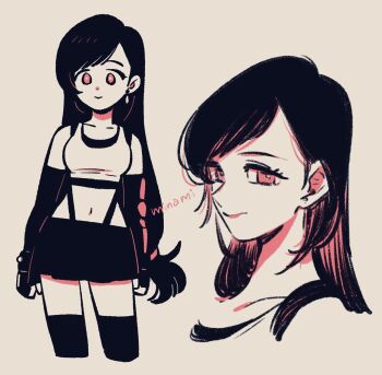 1girl artist_name bare_shoulders black_gloves black_hair black_skirt black_sports_bra black_thighhighs breasts closed_mouth collarbone commentary_request crop_top dramatica earrings elbow_gloves feet_out_of_frame final_fantasy final_fantasy_vii final_fantasy_vii_remake fingerless_gloves gloves hair_behind_ear highres jewelry long_hair looking_at_viewer low-tied_long_hair medium_breasts midriff miniskirt multiple_views navel red_eyes simple_background single_arm_guard single_earring skirt smile sports_bra standing straight-on suspender_skirt suspenders tank_top teardrop_earrings thighhighs tifa_lockhart upper_body white_tank_top zettai_ryouiki