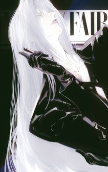 1boy black_coat black_gloves chest_strap closed_mouth coat commentary final_fantasy final_fantasy_vii gloves grey_hair hayashishisou highres holding holding_phone lips long_hair long_sleeves looking_up male_focus parted_bangs phone sephiroth solo symbol-only_commentary upper_body