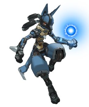 energy_ball full_body gen_4_pokemon gifer_art highres joints looking_at_viewer lucario mecha mecha_focus mechanical_ears mechanical_tail mechanization nintendo no_humans non-humanoid_robot orange_eyes pokemon pokemon_(creature) procreate_(medium) robot robot_joints science_fiction simple_background solo tail white_background