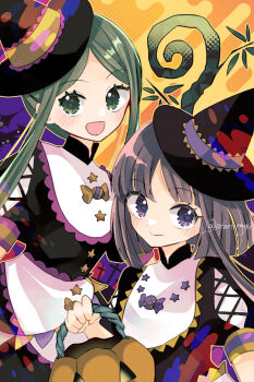 Rule 34 | 2girls, :d, apron, bib collar, black dress, black hat, blunt ends, brown hair, candy, closed mouth, commentary request, dress, food, frilled apron, frilled shirt collar, frills, green eyes, halloween, halloween bucket, hat, hat ribbon, highres, holding, holding halloween bucket, katsuragi atori, light blush, looking at viewer, multiple girls, nishida satono, open mouth, orange background, parted bangs, puffy short sleeves, puffy sleeves, purple eyes, ribbon, short hair, short hair with long locks, short sleeves, smile, teireida mai, touhou, waist apron, white apron, witch hat, yellow ribbon