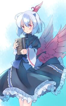 1girl black_capelet black_skirt blue_background blue_hair blue_shirt blush book capelet commentary_request feathered_wings feet_out_of_frame head_wings holding holding_book juliet_sleeves long_sleeves one-hour_drawing_challenge parted_lips petticoat puffy_sleeves rangycrow red_eyes red_wings shirt short_hair sideways_glance single_head_wing skirt small_horns solo tokiko_(touhou) touhou wings