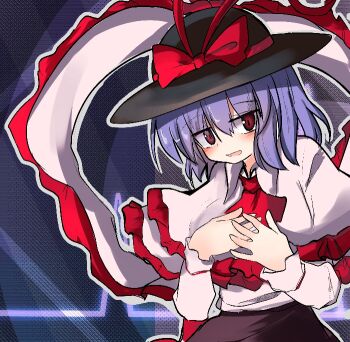 1girl black_hat black_skirt bow capelet commentary_request frilled_capelet frilled_shawl frills gradient_background hat hat_bow long_sleeves looking_at_viewer nagae_iku open_mouth purple_hair red_bow red_eyes safupara_(crnsrd65) shawl shirt short_hair skirt solo touhou white_capelet white_shirt