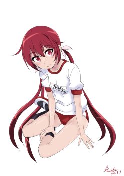 black_socks buruma gym_uniform highres joukamachi_no_dandelion low_twintails red_buruma red_eyes red_footwear red_hair sakurada_akane shirt sitting socks solo twintails white_background white_shirt